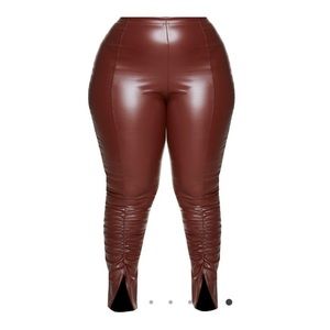 CHOCOLATE BROW RUCHED FAUX LEATHER PANTS